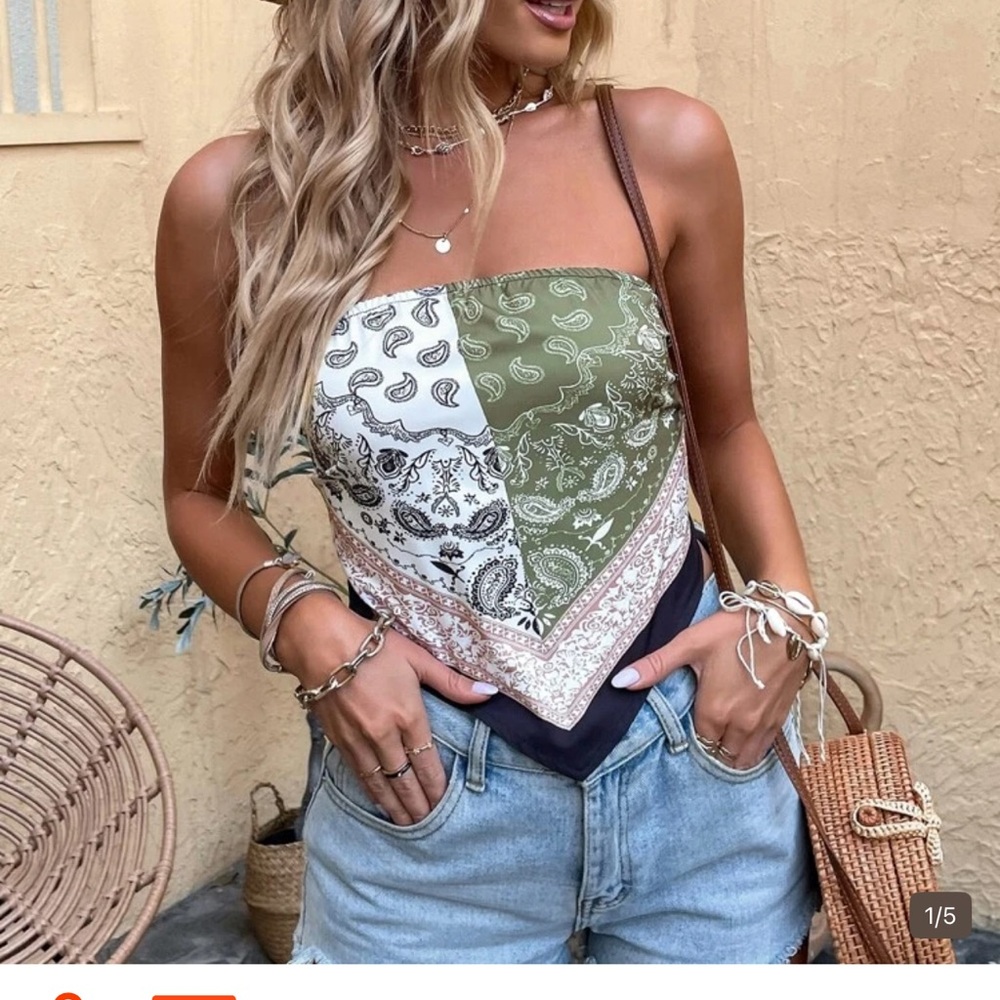 SHEIN Olive and White Bandana Scarf Tube Top